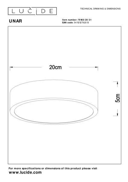 Lucide UNAR - Flush ceiling light - Ø 20 cm- LED 3 StepDim - 1x12W 2700K - White - technical